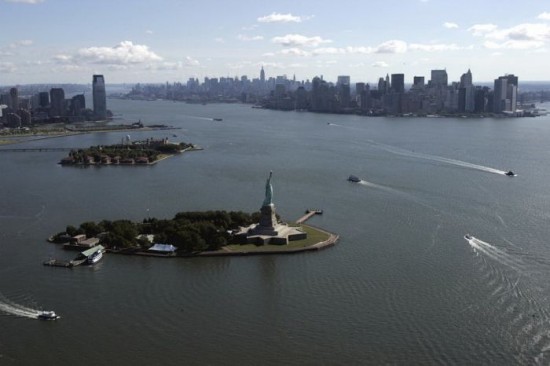 Aerial view of New York Harbor showing t