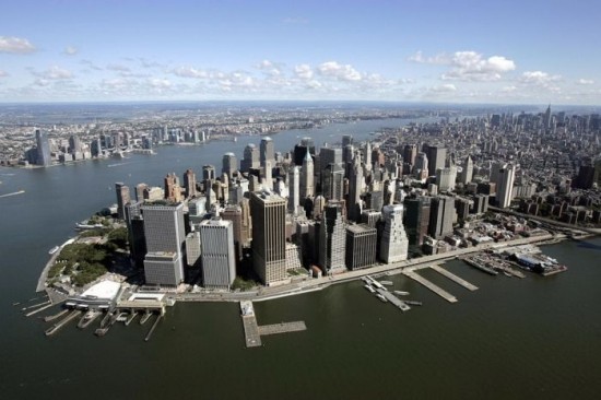 Aerial view of Lower Manhattan looking n