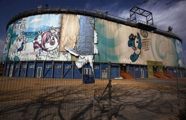 The 2008 Beijing Olympics venue for the beach volleyball competition lies deserted and unmaintained in central Beijing
