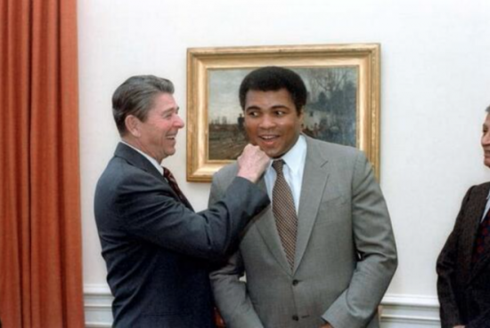 Ronald Reagan pretending to punch Muhammad Ali at his visit to the White House in 1983