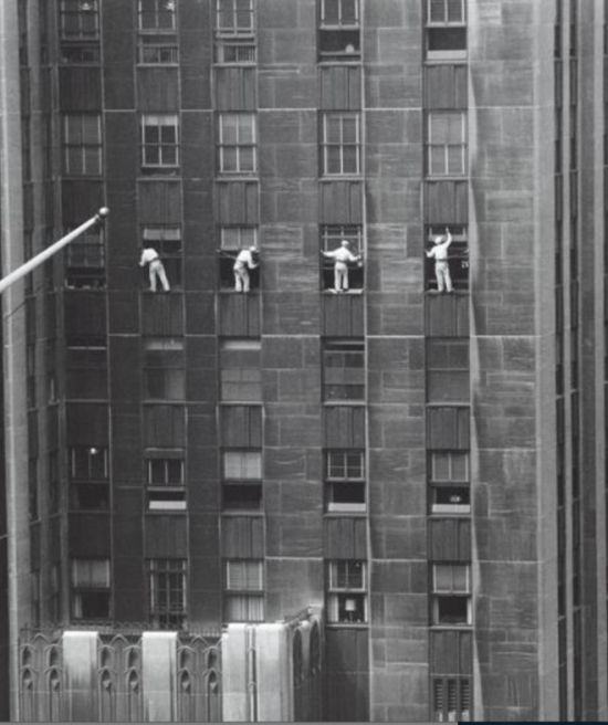 Window washers working dangerously in New York, 1958