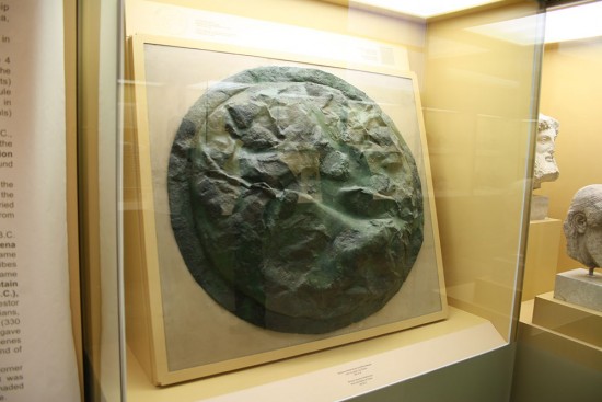 Bronze Spartan shield conquered, as the inscription punched on it reveals, from the Spartans at the victory of Pylos in 425 BC. Ancient Agora Museum in Athens, around 510 BC