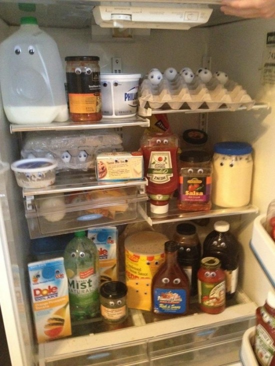 tick googly eyes on the food in your refrigerator