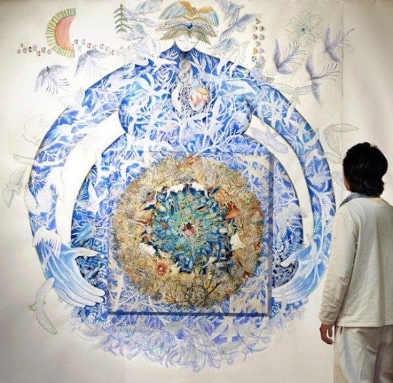 Intricate Paintings by Maki Ohkojima Spill Off the Canvas and Onto Wall 004