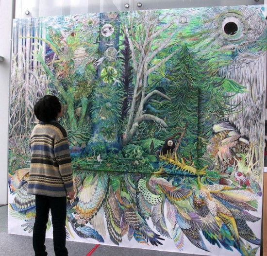 Intricate Paintings by Maki Ohkojima Spill Off the Canvas and Onto Wall 006
