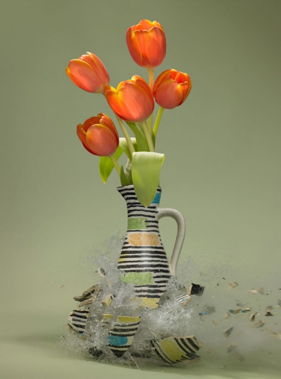 These high-speed photos capture delicate flower vases shattering in mid-air 013