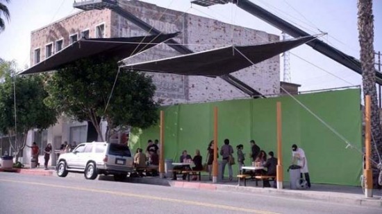 tables in front of a green screen